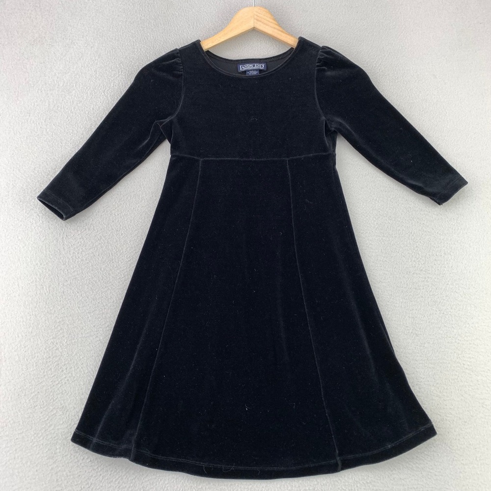 Lands End Velvet Dress Girls Size 7 Black Long Sleeve Fit & Flare Holiday